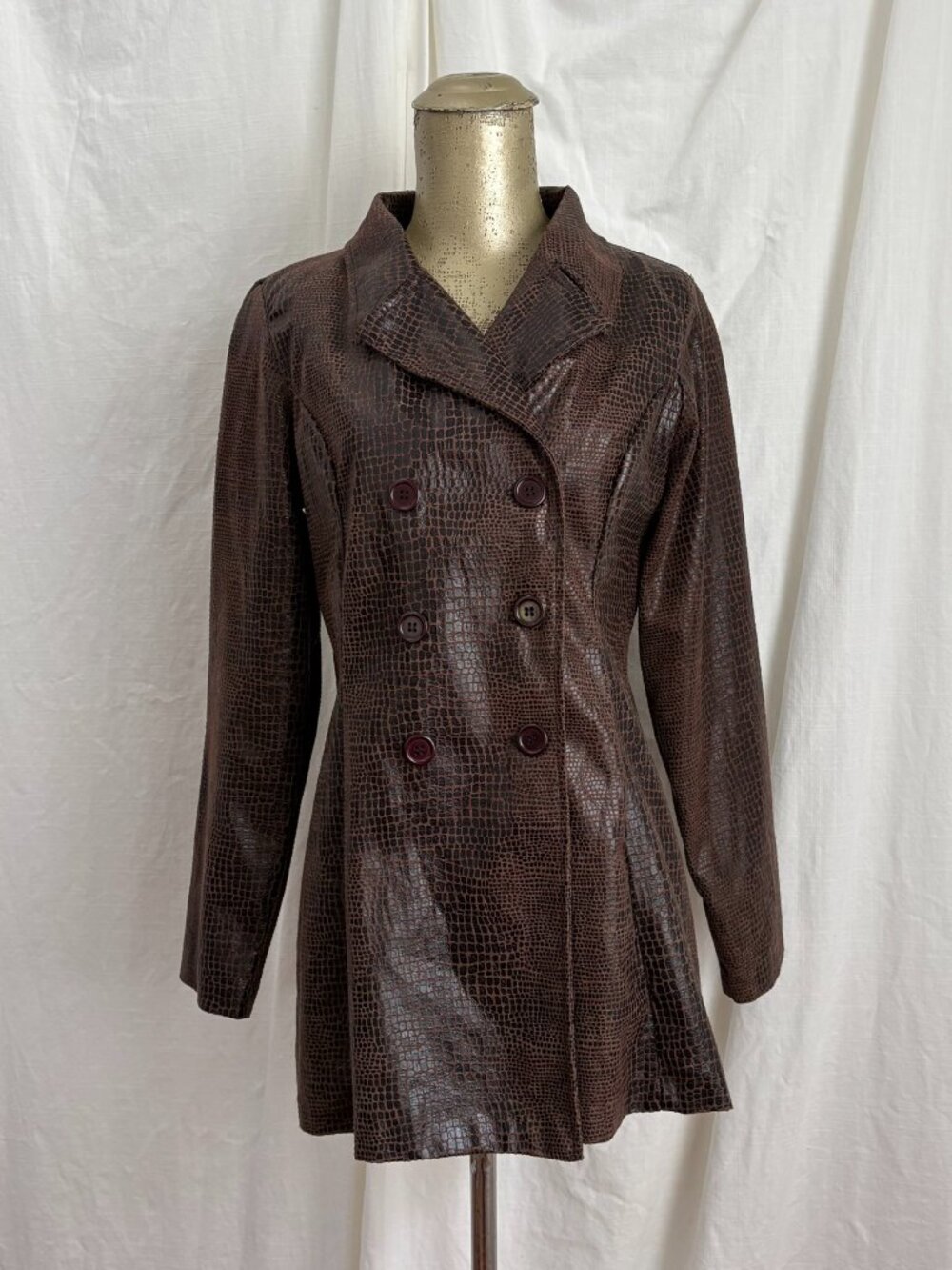 Vtg 70s Brown Faux Snakeskin Jacket Blazer Double Breasted M Hippie Retro Trench